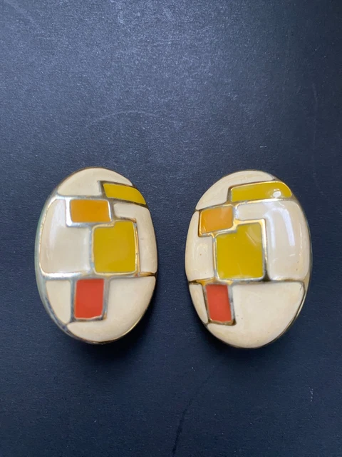 Boucles D'oreilles Vintage à Clip - Émaux De Limoges Années 70 - Très Bon état