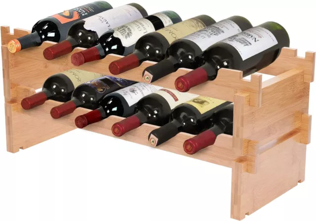 Modular Stackable Bamboo Wooden Wine Rack; Easy to Assemble & Add Levels; Bot...