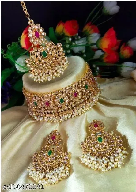 Gold Plated Jhumka Earrings Indian Bollywood Choker Necklace Bridal Jewelry Set
