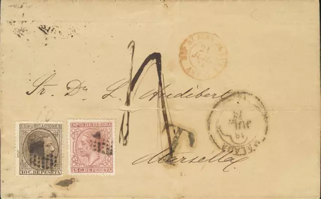 Andalucía. Historia Postal. SOBRE  192, 188. 1878. 10 cts castaño y 15 cts carm
