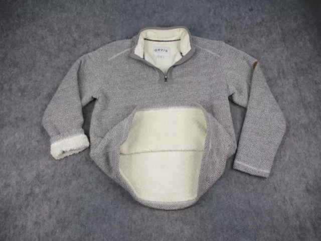 Suéter Orvis para Hombre XL Gris Pullover Forrado de Sherpa Peso Pesado Cuarto Cremallera Lana