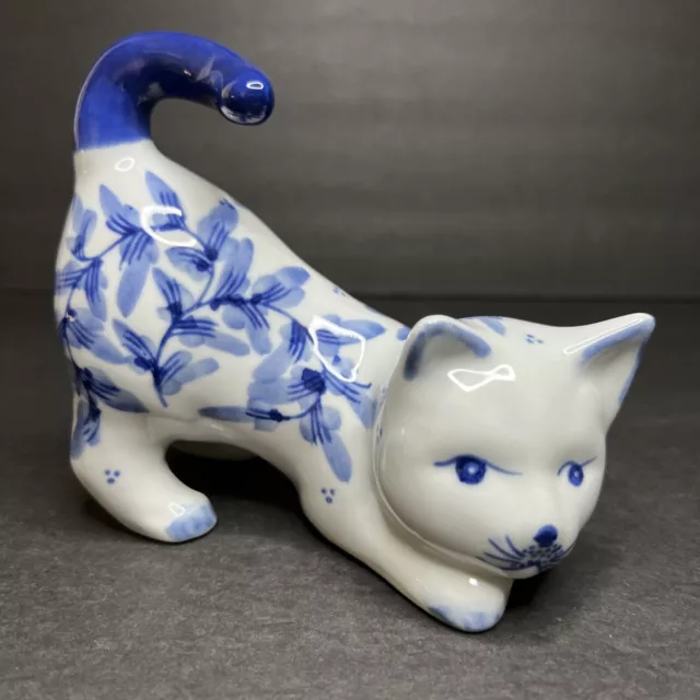 Art Pottery Chinoiserie Cobalt Blue White Flowers Playful Cat Figurine