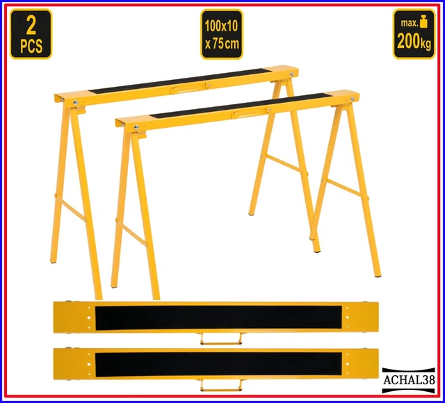 Lot 2 Tréteaux Pliants pour atelier chantier 200Kg Antidérapants Transportable