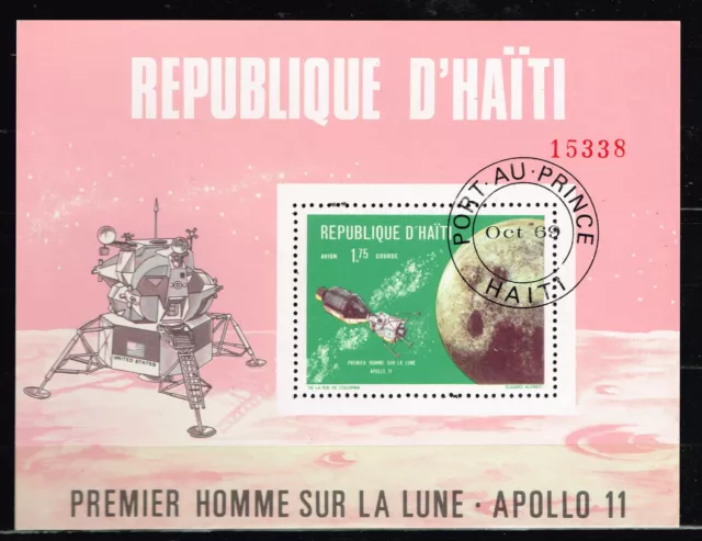 Feuille souvenir vol lunaire haïtien espace Apollo 11 1969 numérotée