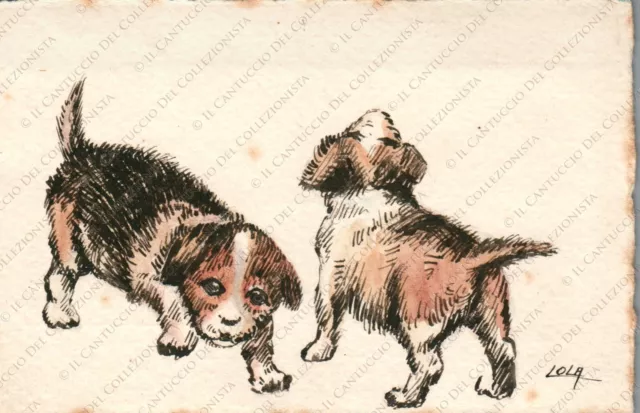 1912 Cuccioli Cani disegnati a mano Firma Lola Cartolina illustrata