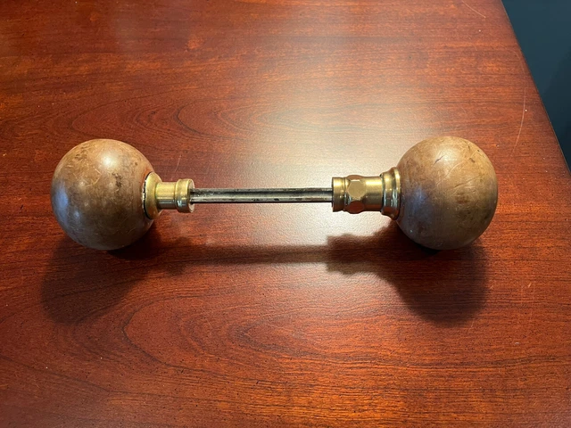 Antique English Round Ball Wood & Brass Door Knob Set/Reclaimed Salvage Hardware