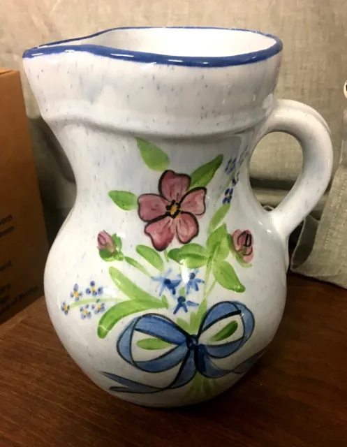N.E. Gustin Co Hand Decorated Ceramic Pitcher Ribbon & Flowers Design