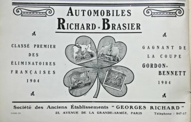 Publicité De Presse 1905 Automobiles Brasier Gagnant Coupe Gordon-Bennett 1904