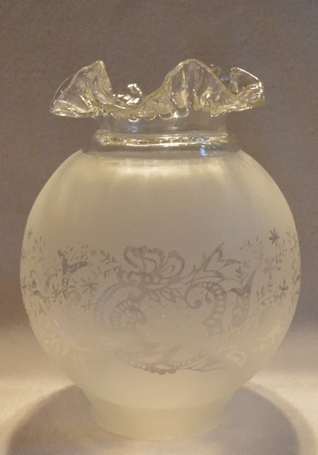 Vintage Victorian 8" Acid Etched Frosted Glass Lamp Shade Ruffle 4" Fitter Wow! 7