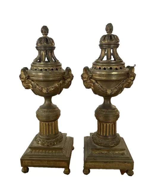 Antique Pair of Louis XVI Style Bronze Cassolettes Candlesticks with Rams Head