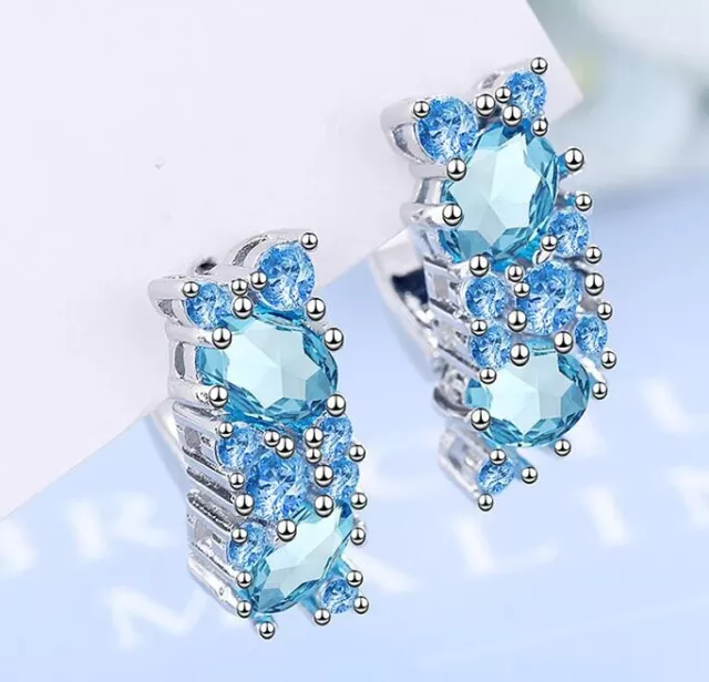 Pendientes Medio Aro De Plata 925 Y Piedra Circonita Azul Para Mulher Elegante