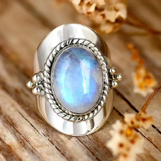 Moonstone Ring 925 Sterling silver Natural Large Big White Stone Ring, Statement