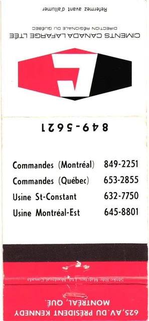 Montreal Quebec Canada Ciments Canada Lafarge Ltée Vintage Matchbook Cover