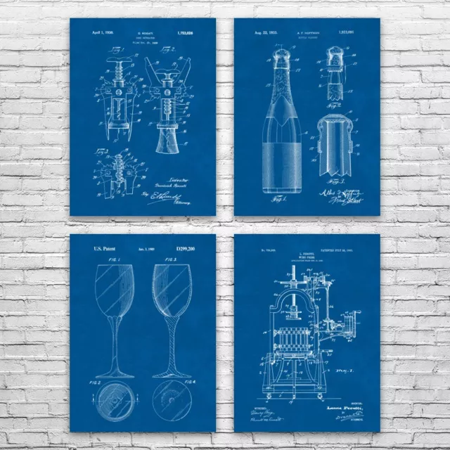 Wine Patent Posters Set of 4 Restaurant Art Bartender Gift Wine Bar Decor