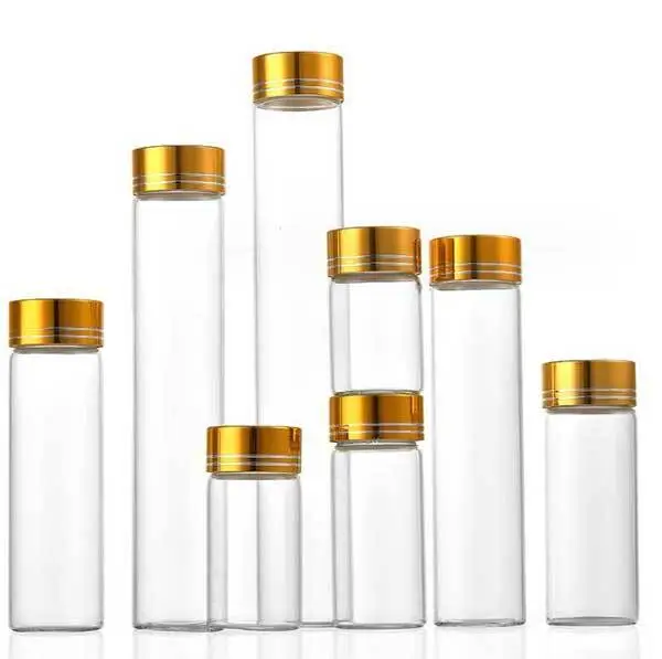Botellas de frasco de vidrio transparente vacías de compra a granel de 5 ml-200 ml con tapas de línea dorada de aluminio AP