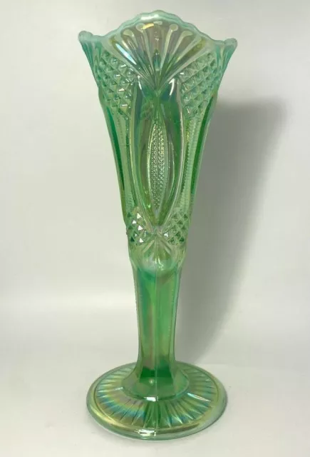 Vintage-Mosser Fluted Vase Diamond Cut Green Opalescent Carnival Glass