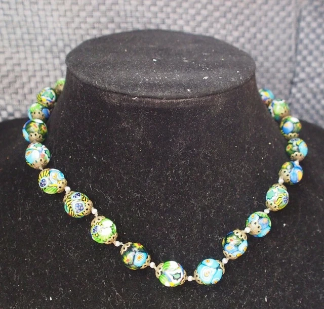 Collier Vintage Murano - Perles En Verre De Murano Millefiori Multicolore, Occasion Très Bon état