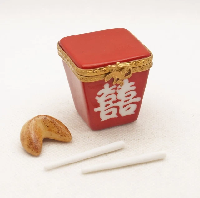 New French Limoges Trinket Box Asian Take Out Box w Fortune Cookie & Chopsticks
