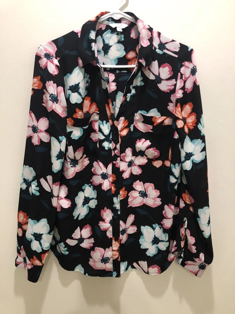 Candies Size Medium Black Floral Print Polyester Button Down Shirt Long Sleeve