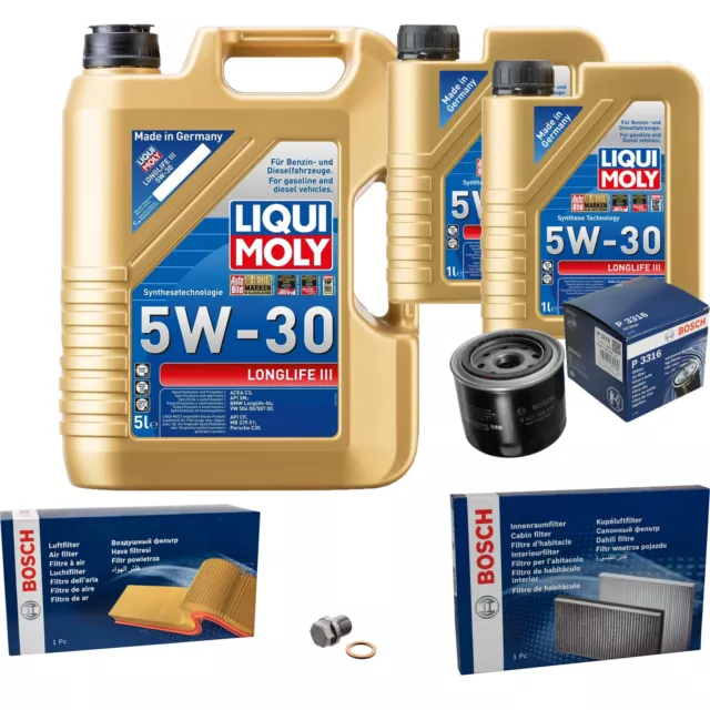 Bosch Inspektionspake 7 L Liqui Moly Longlife III 5W-30 pour Hyundai Kia i30