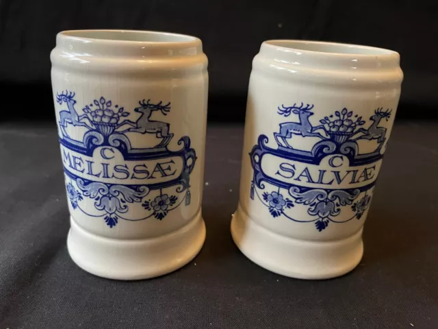 antique set of 2 Dutch DELFT ceramic albarello / apothecary jar . Marked bottom