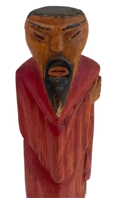 Vintage Hand Carved Wooden Monk Figurine 6.5” Hand Painted Oriental