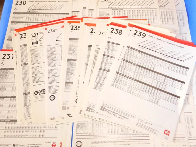 87 X LONDON TRANSPORT BUS STOP PANEL TIMETABLES ROUTES 230 to 239 1986 ...