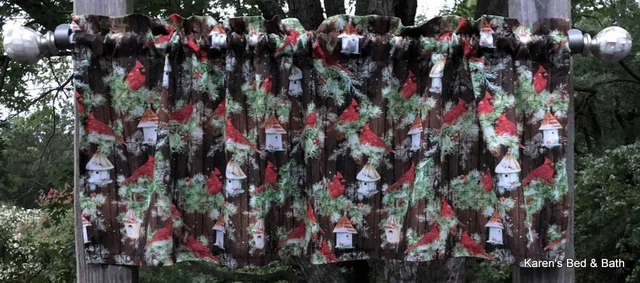 Cardinal Birdhouse Pine Holly Brown Holiday Rustic Christmas Curtain Valance