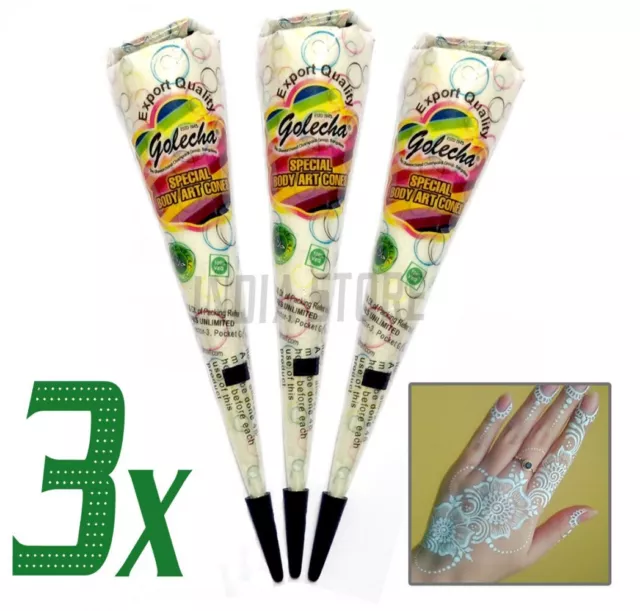 3x Golecha Henna Tattoo Paste Kegel Cones (Weiß / White) Ohne Chemie & PPD (75g)