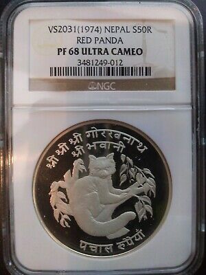 1974 Nepal Silver 50 Rupees Red Panda WWF Conservation Low Mintage NGC PF 68 UC