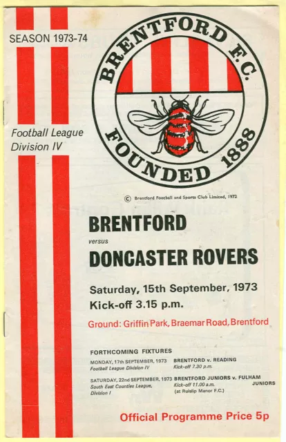 Football Programme - Brentford v Doncaster Rovers - Div 4 - 15/9/1973