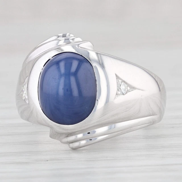 Lab Created Linde Star Sapphire Diamond Ring 14k White Gold S 7.75 Oval Cabochon