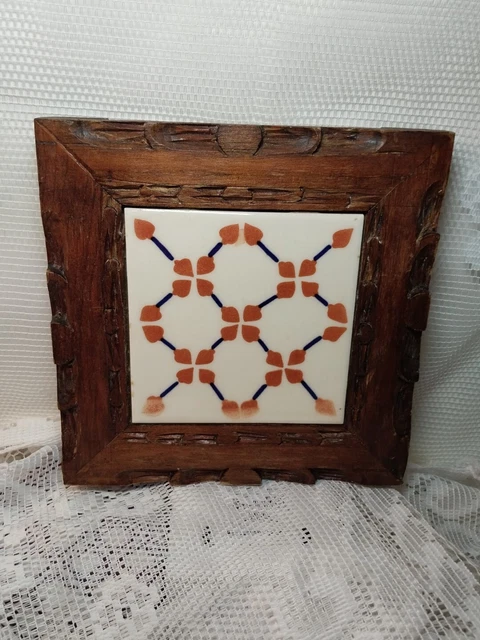 Vintage Mexican Tile in Hand Carved Wood Frame7" Square Trivet Ethnic Folk Art