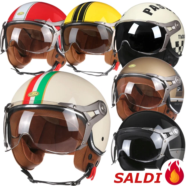 Casco Jet Retrò In Pelle Con Visiera – Omologato ECE 22.05, Leggero 1000g, Per Scooter E Vespa Vintage