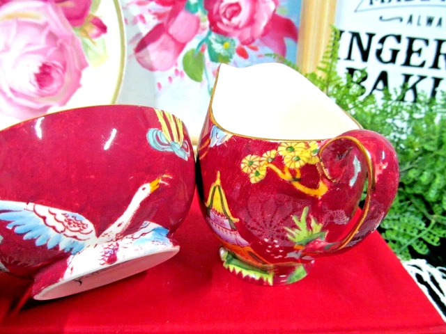 Royal Winton creamer & sugar holder set chintz Pekin Red Grimwades