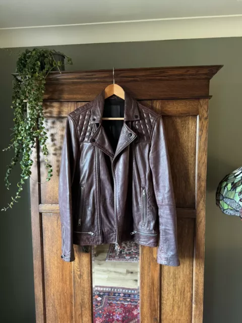 MENS ALL SAINTS Conroy Leather Biker Jacket Ox Blood XS 120.00