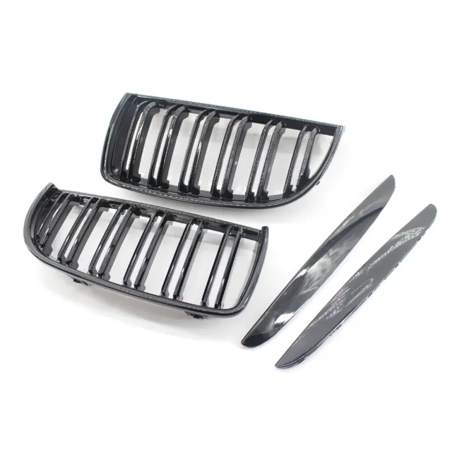 Pair Front Grille Gloss Black Dual Slat Fit for BMW Kidney E90 2005-2008