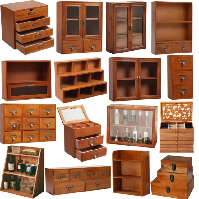 Vintage Small Wood Jewelry Storage Box Cupboard Cabinet Shelf Desk Organizer