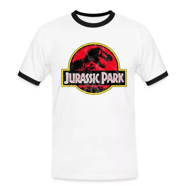 Jurassic Park Klassisches Logo In Rot Mit T-Rex Männer Kontrast T-Shirt