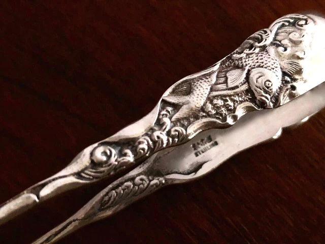 - Rare Gorham Japonesque Sterling Silver Sugar Tongs Hizen Koi Fish 1880 No Mono