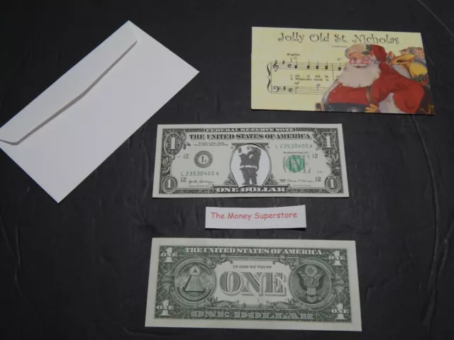 Santa Claus U.s. $1 One Dollar Bill Money Light Green Item #99 Yellow Card.