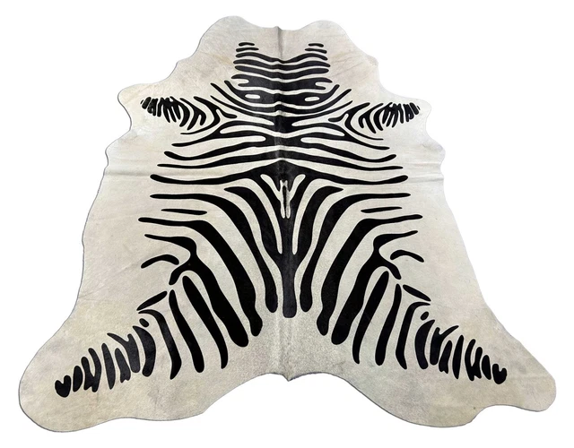 Alfombra de cuero de vaca con estampado de cebra con fondo blanco y gris tamaño: 7x6 pies K-268
