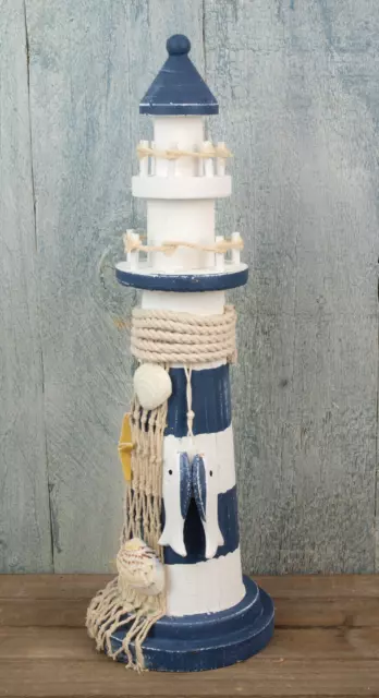 Deko Holz Leuchtturm 31,5cm Blau Weiß Seestern 2 Fische maritime Deko (CP) 3