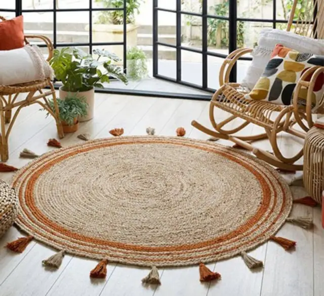 Jute Rug round with tassel design ,handmade area carpet rustic look-Beige+Orange
