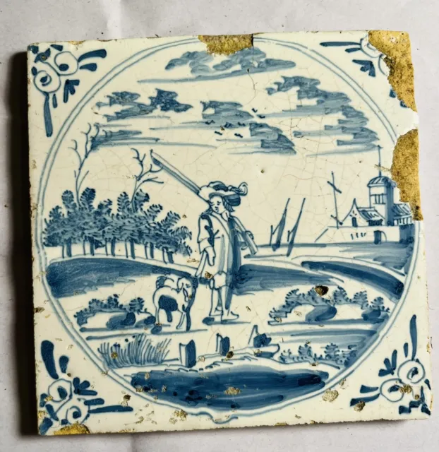 7th or 18th Century Dutch Blue and White Delft Tile- Cavalier and Spaniel A5