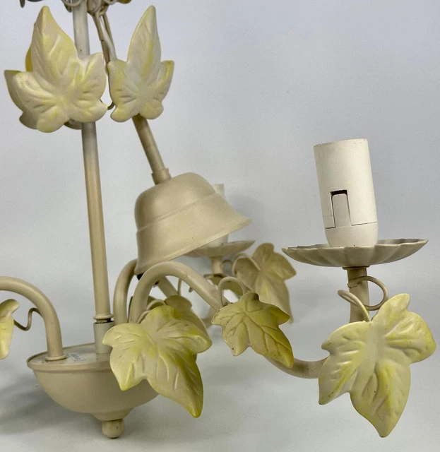 Vintage French Cream Metal Toleware Electric Ceiling Light With Green Ivy Leaves