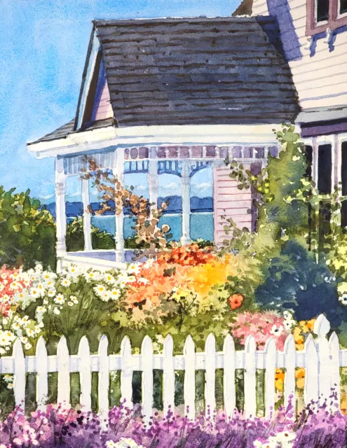 Original Watercolor Seaside Garden Cottage by Joan Reeves, Puget Sound, 21"x25" 3