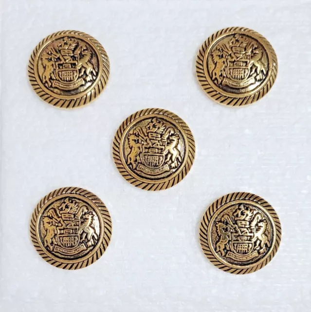 5 Coat of Arms Buttons 21mm Plastic Shank Old Gold Military Jacket Sewing Crafts