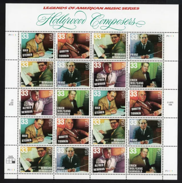 1999 US 3339-3344 33c Hollywood Composers Full Sheet of 20 - MNH