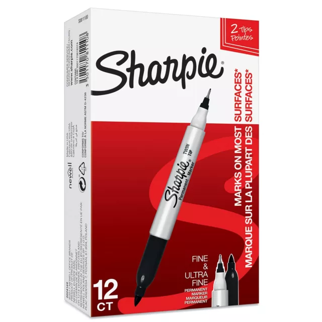 Sharpie Twin Tip Permanent Markers   Fine & Ultra-Fine Points   Black   12 Count